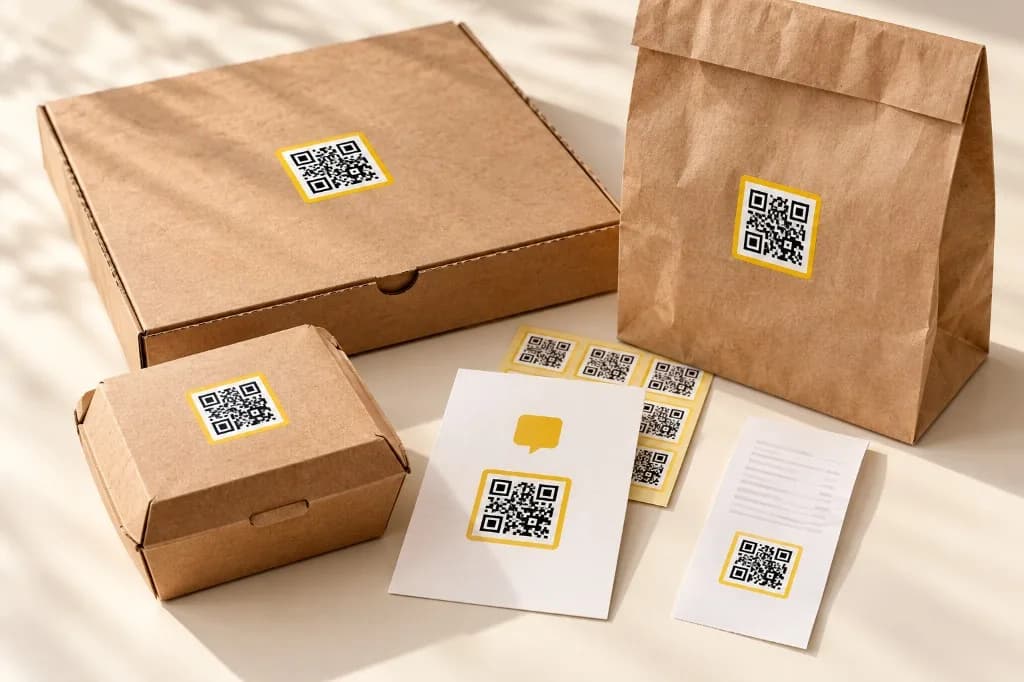 QR-коды на коробке, пакете, наклейках, вкладыше и чеке заказа
