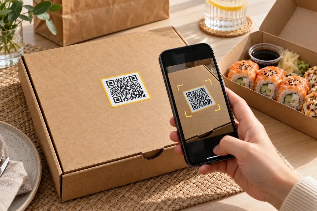 Клиент сканирует QR-код на коробке доставки, рядом открытый заказ с роллами