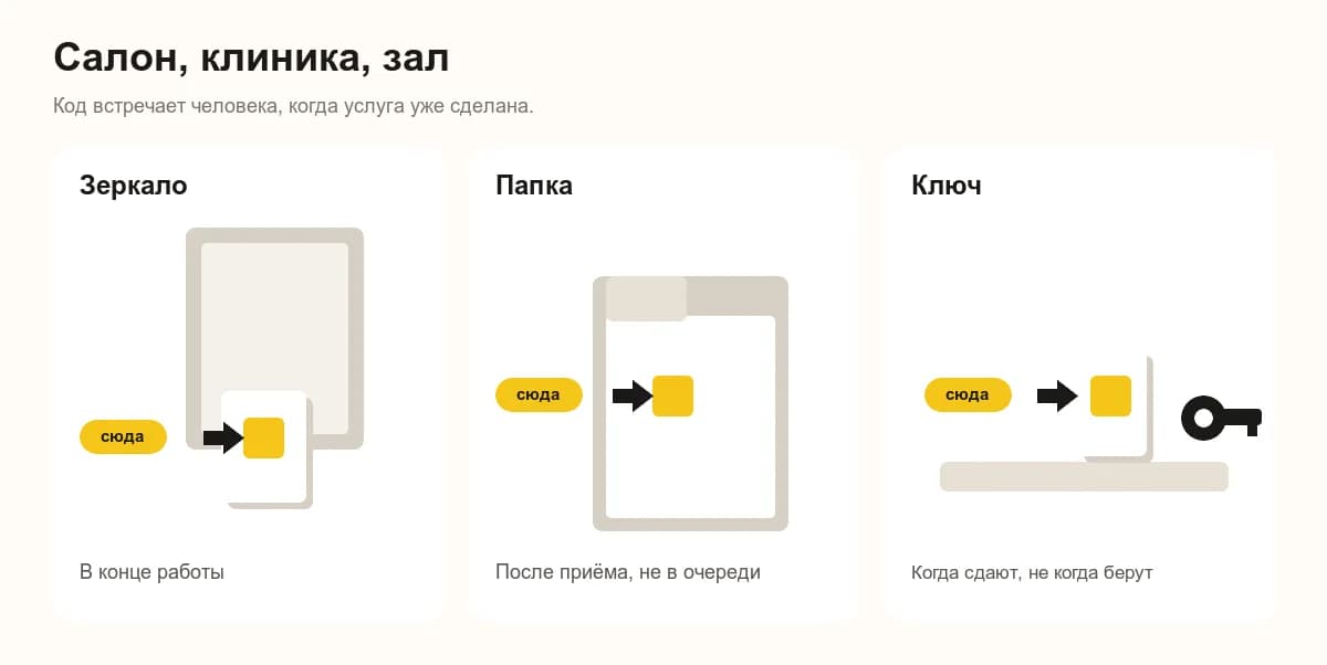 QR-код для отзывов в салоне, клинике и зале: зеркало, папка, сдача ключа