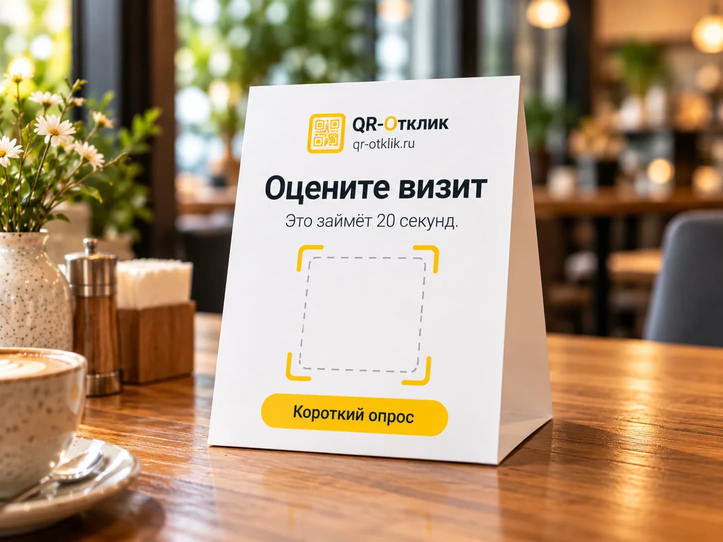 Макет тейбл-тента „Оцените визит“ с местом под QR-код