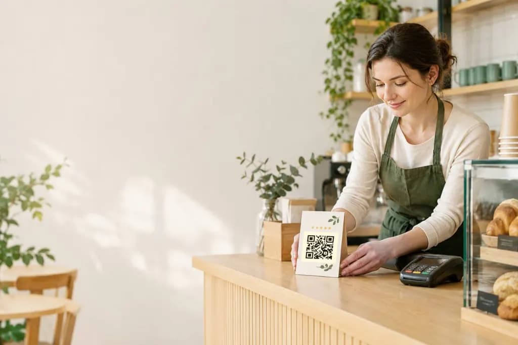 Бариста ставит на стойку кафе табличку с QR-кодом для отзыва