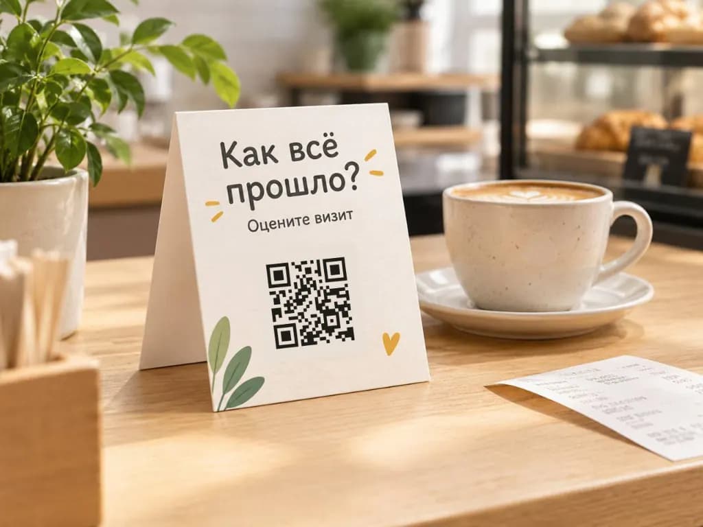 Табличка «Как всё прошло?» с QR-кодом для отзыва рядом с чашкой кофе