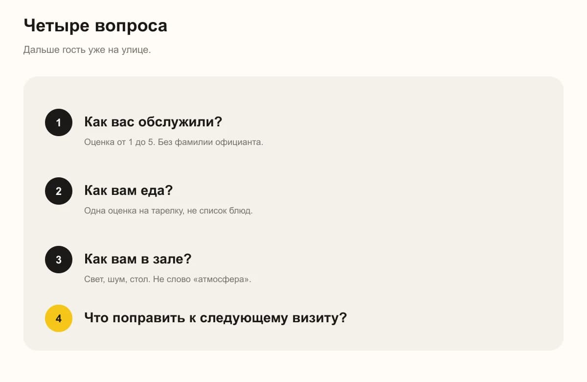 Четыре вопроса анкеты ресторана: сервис, еда, зал и что поправить