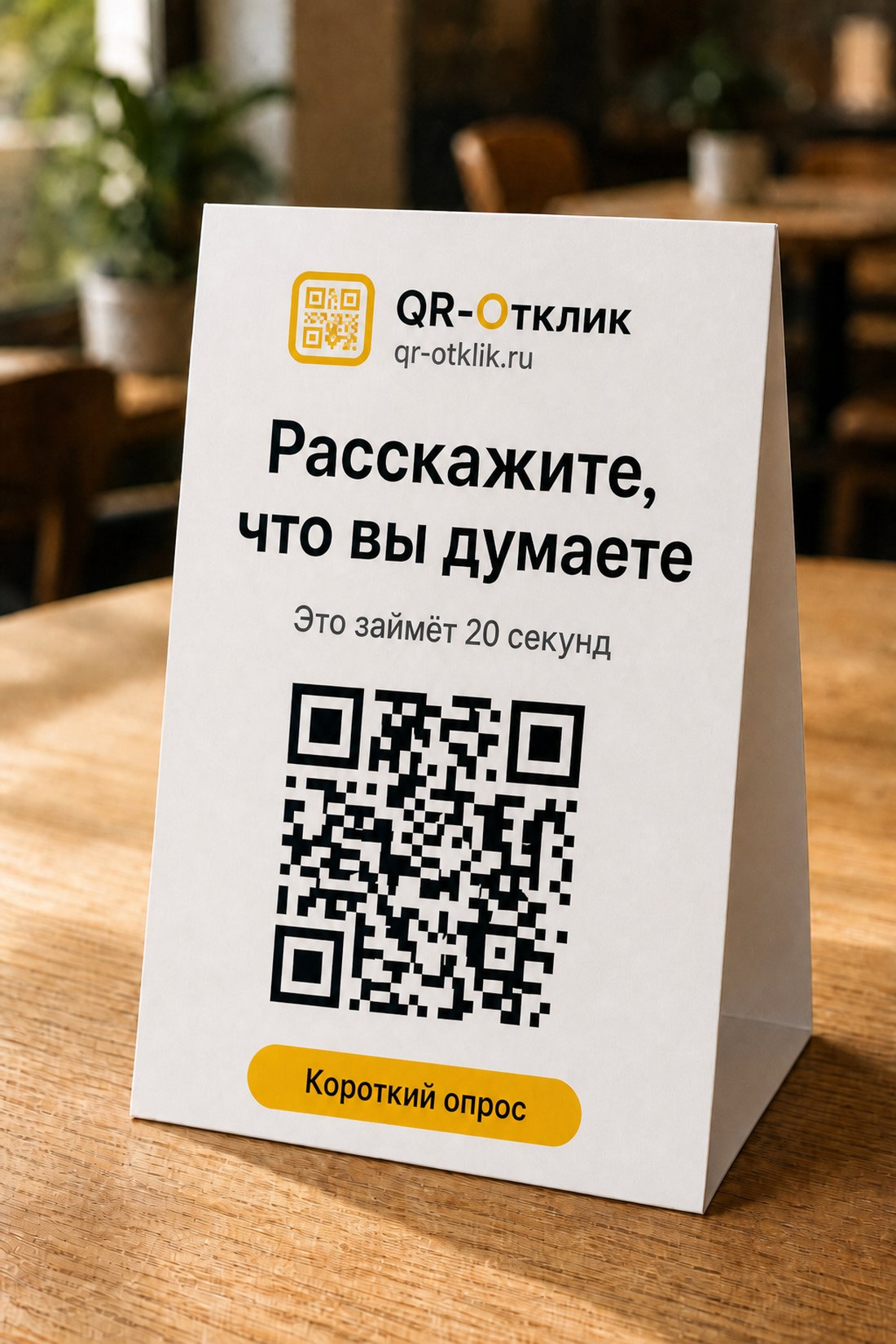 Тейбл-тент QR-Отклик на столе: заголовок «Расскажите, что вы думаете» и QR-код.
